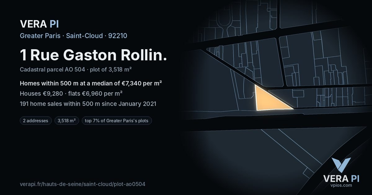 1 Rue Gaston Rollin, Saint-Cloud at night – the plot lit, the parcels around coloured by the prices near them