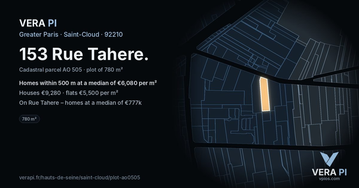 153 Rue Tahere, Saint-Cloud at night – the plot lit, the parcels around coloured by the prices near them
