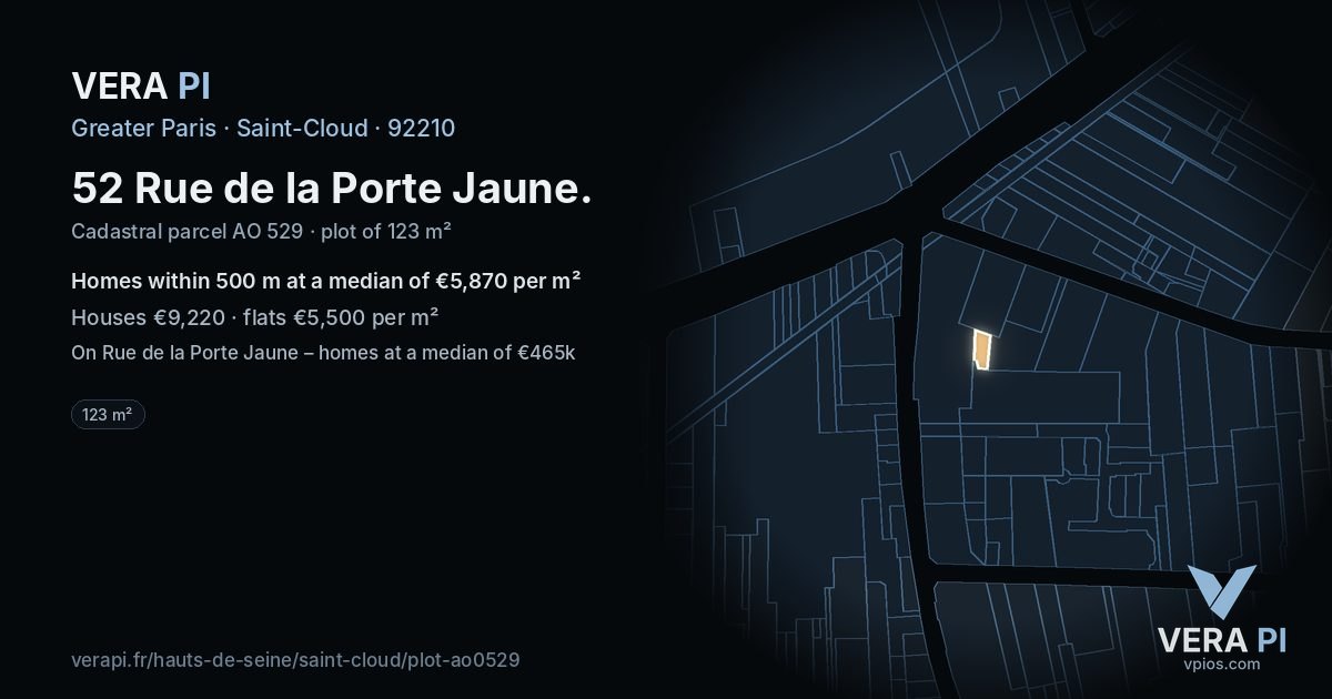 52 Rue de la Porte Jaune, Saint-Cloud at night – the plot lit, the parcels around coloured by the prices near them