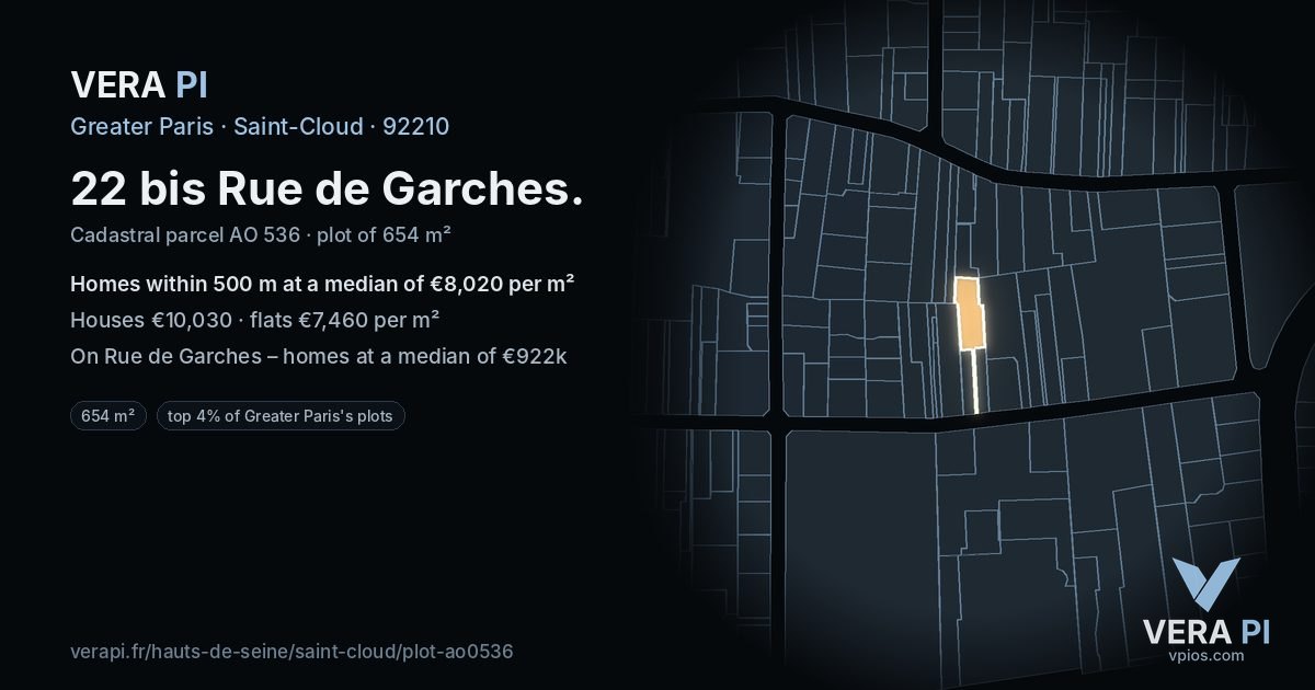 22 bis Rue de Garches, Saint-Cloud at night – the plot lit, the parcels around coloured by the prices near them