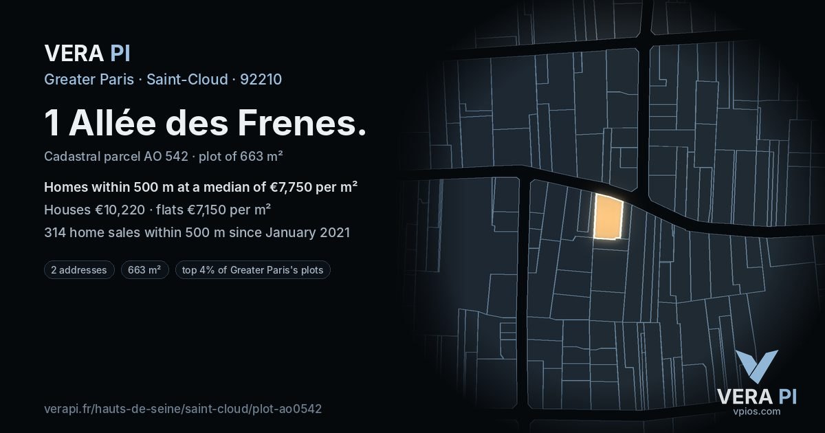 1 Allée des Frenes, Saint-Cloud at night – the plot lit, the parcels around coloured by the prices near them