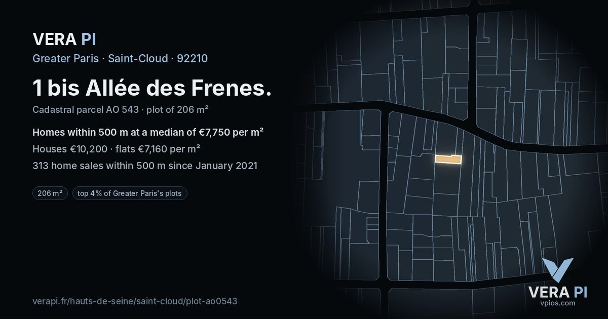 1 bis Allée des Frenes, Saint-Cloud at night – the plot lit, the parcels around coloured by the prices near them