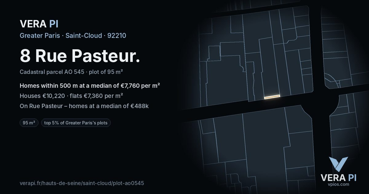 8 Rue Pasteur, Saint-Cloud at night – the plot lit, the parcels around coloured by the prices near them