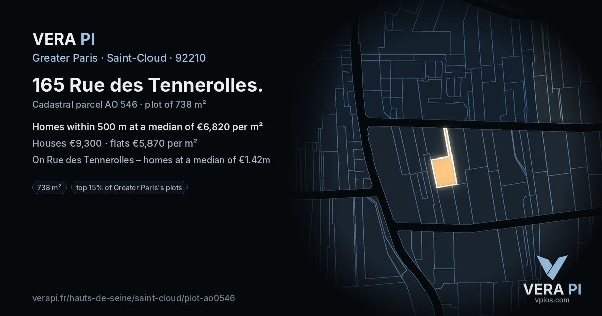 165 Rue des Tennerolles, Saint-Cloud at night – the plot lit, the parcels around coloured by the prices near them