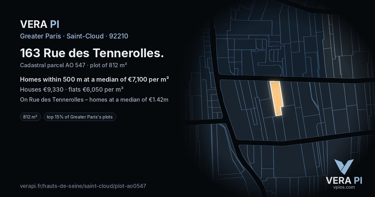 163 Rue des Tennerolles, Saint-Cloud at night – the plot lit, the parcels around coloured by the prices near them