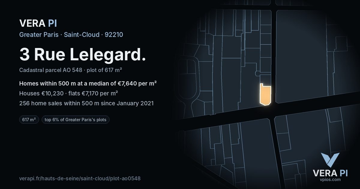 3 Rue Lelegard, Saint-Cloud at night – the plot lit, the parcels around coloured by the prices near them