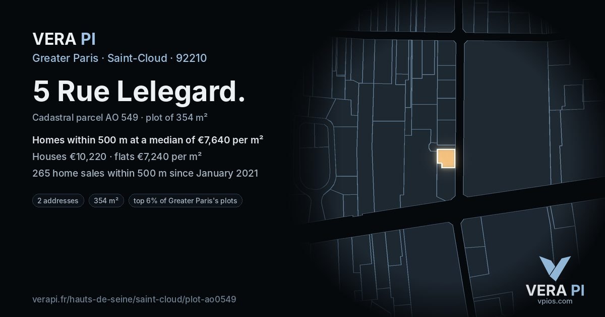 5 Rue Lelegard, Saint-Cloud at night – the plot lit, the parcels around coloured by the prices near them
