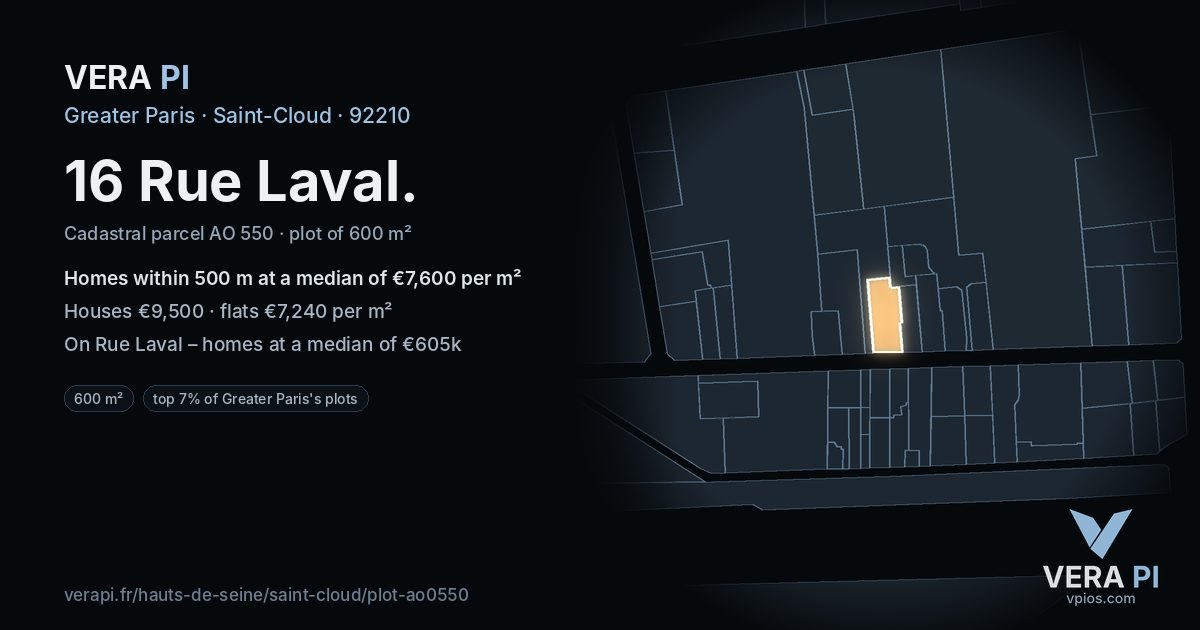 16 Rue Laval, Saint-Cloud at night – the plot lit, the parcels around coloured by the prices near them