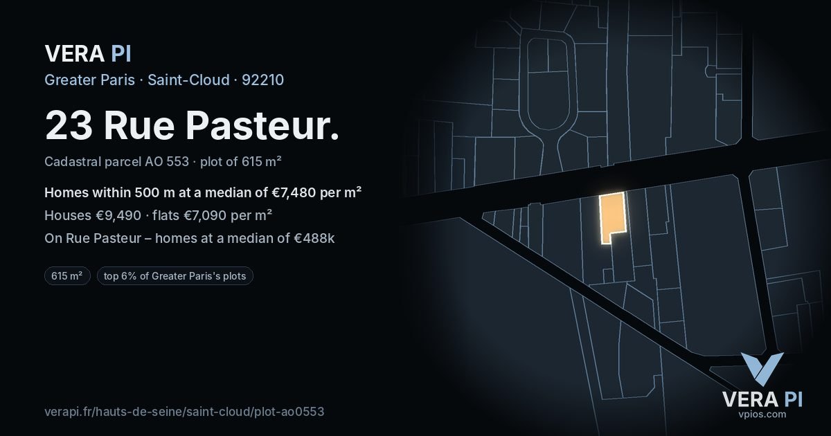 23 Rue Pasteur, Saint-Cloud at night – the plot lit, the parcels around coloured by the prices near them