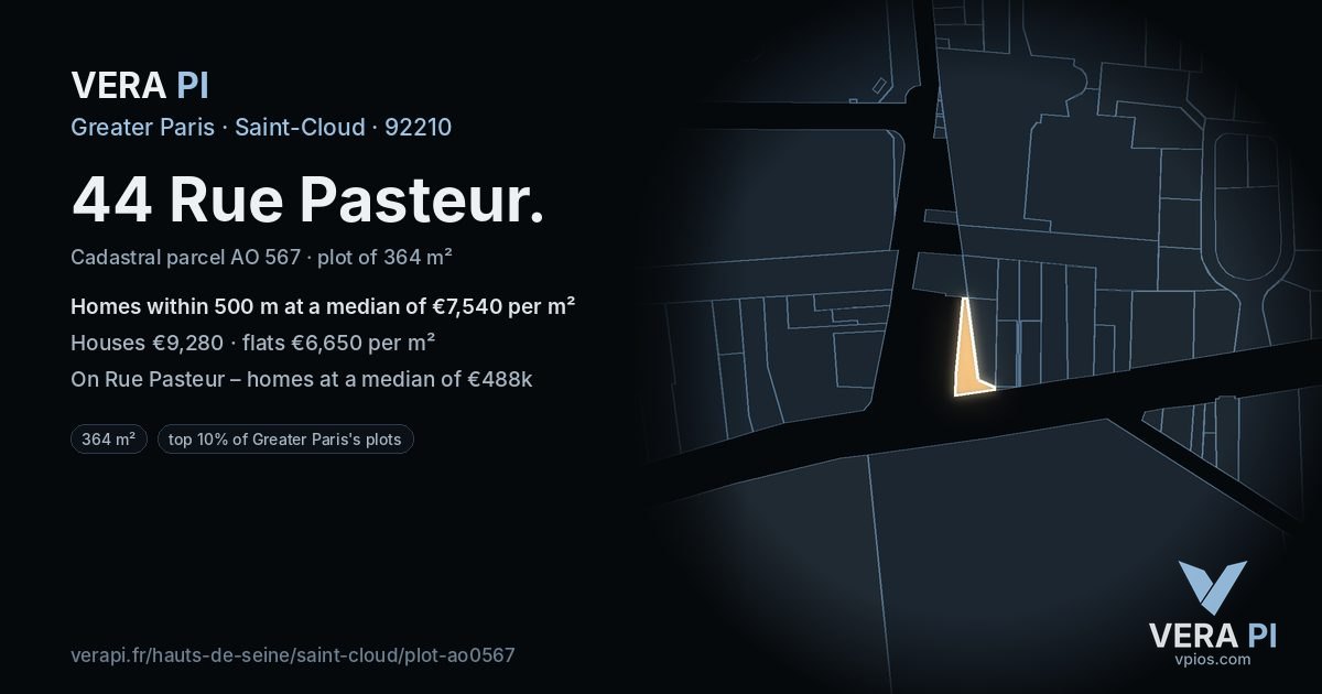44 Rue Pasteur, Saint-Cloud at night – the plot lit, the parcels around coloured by the prices near them