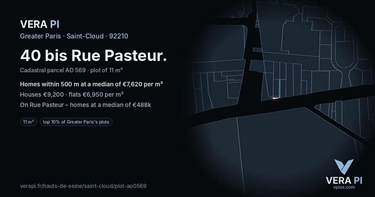 40 bis Rue Pasteur, Saint-Cloud at night – the plot lit, the parcels around coloured by the prices near them
