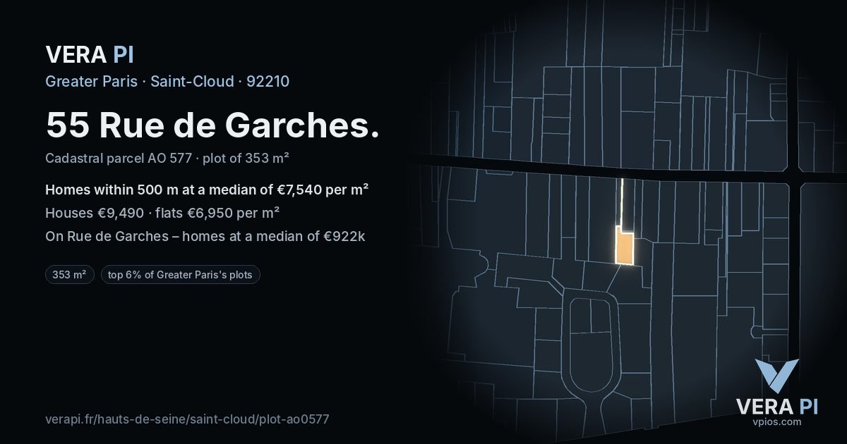 55 Rue de Garches, Saint-Cloud at night – the plot lit, the parcels around coloured by the prices near them