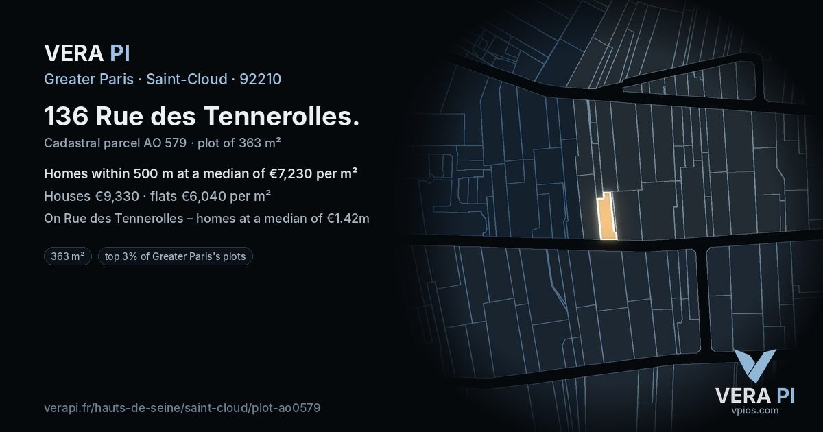 136 Rue des Tennerolles, Saint-Cloud at night – the plot lit, the parcels around coloured by the prices near them