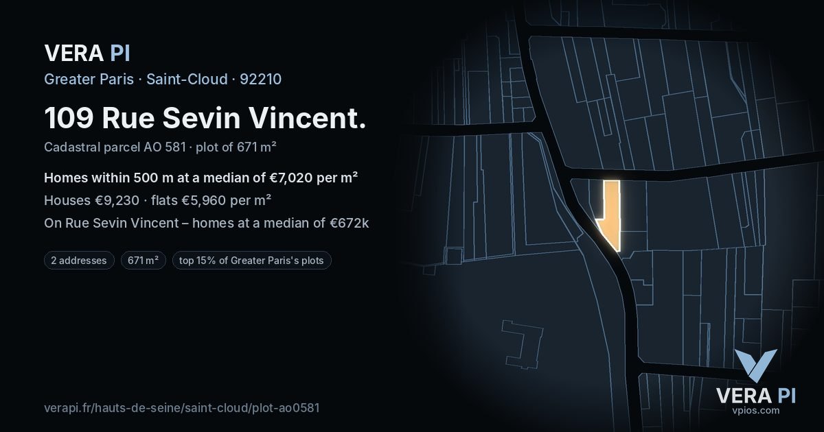 109 Rue Sevin Vincent, Saint-Cloud at night – the plot lit, the parcels around coloured by the prices near them