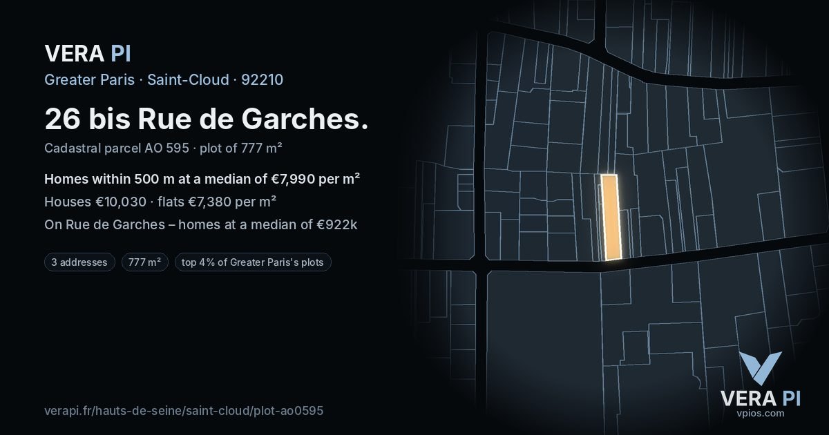 26 bis Rue de Garches, Saint-Cloud at night – the plot lit, the parcels around coloured by the prices near them
