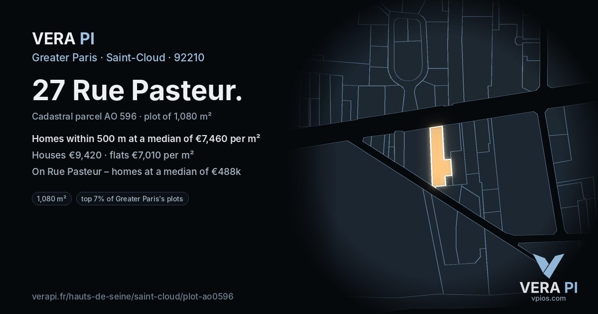 27 Rue Pasteur, Saint-Cloud at night – the plot lit, the parcels around coloured by the prices near them