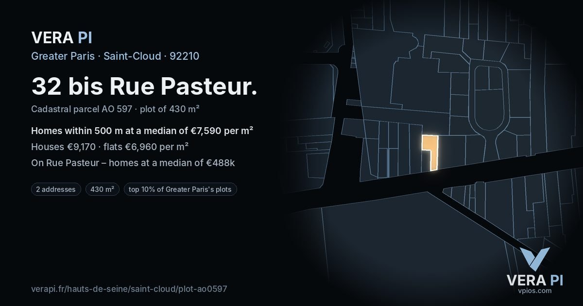 32 bis Rue Pasteur, Saint-Cloud at night – the plot lit, the parcels around coloured by the prices near them
