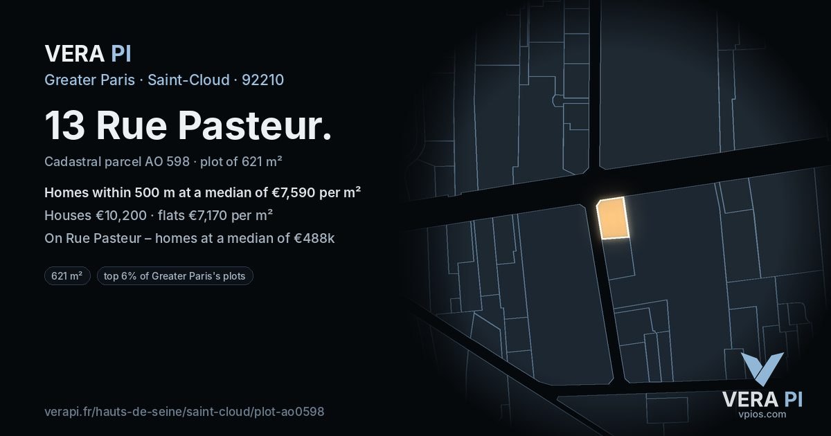 13 Rue Pasteur, Saint-Cloud at night – the plot lit, the parcels around coloured by the prices near them