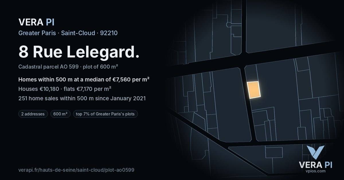 8 Rue Lelegard, Saint-Cloud at night – the plot lit, the parcels around coloured by the prices near them