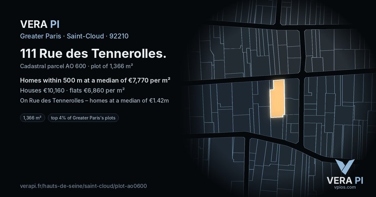 111 Rue des Tennerolles, Saint-Cloud at night – the plot lit, the parcels around coloured by the prices near them