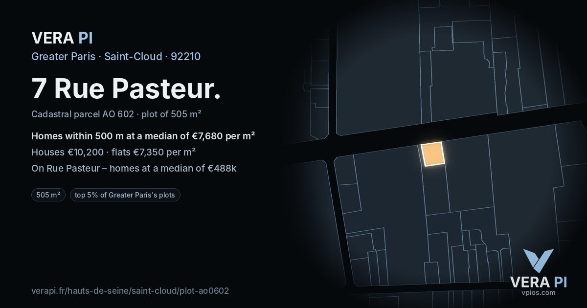7 Rue Pasteur, Saint-Cloud at night – the plot lit, the parcels around coloured by the prices near them
