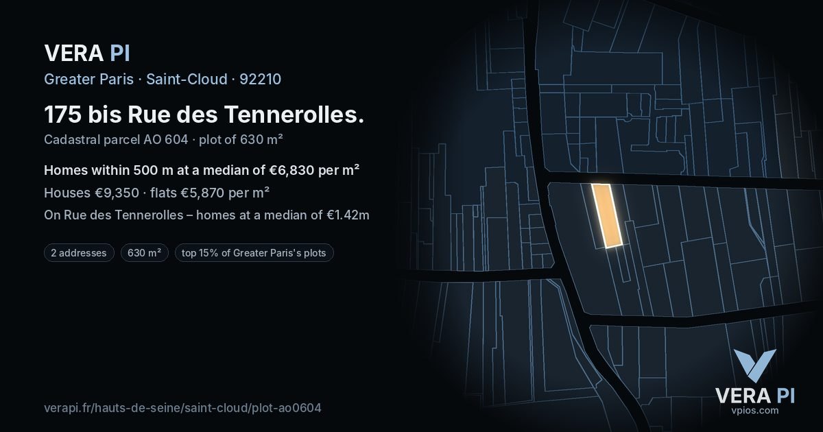 175 bis Rue des Tennerolles, Saint-Cloud at night – the plot lit, the parcels around coloured by the prices near them