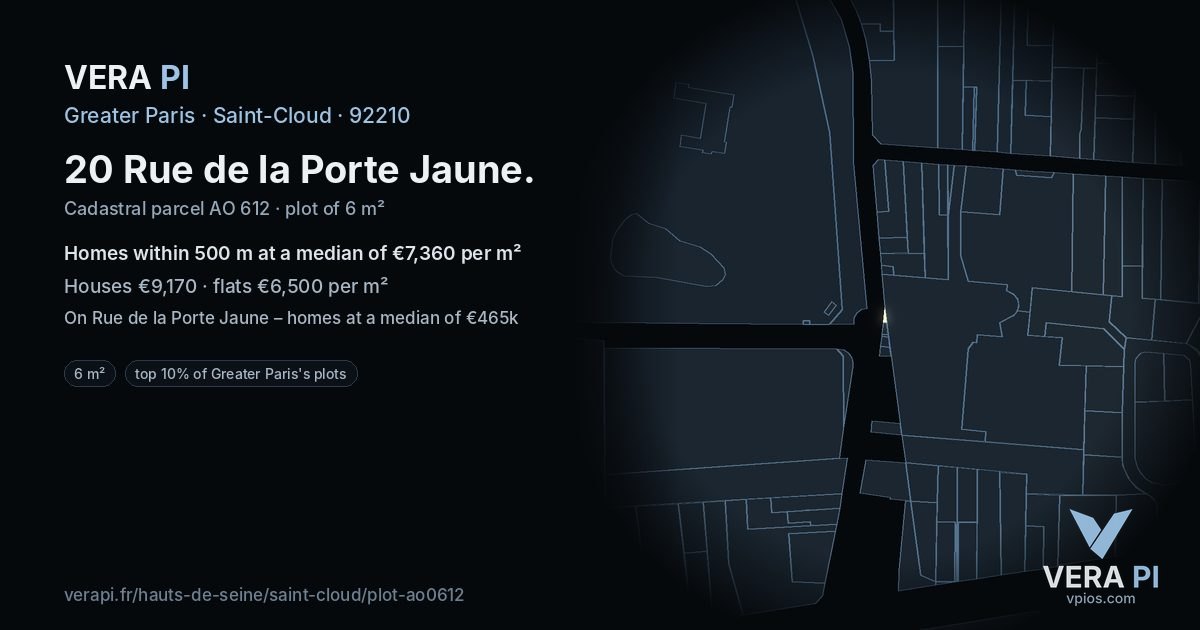 20 Rue de la Porte Jaune, Saint-Cloud at night – the plot lit, the parcels around coloured by the prices near them