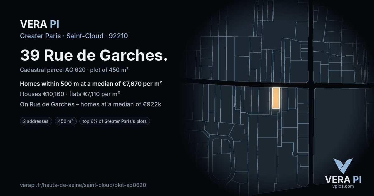 39 Rue de Garches, Saint-Cloud at night – the plot lit, the parcels around coloured by the prices near them