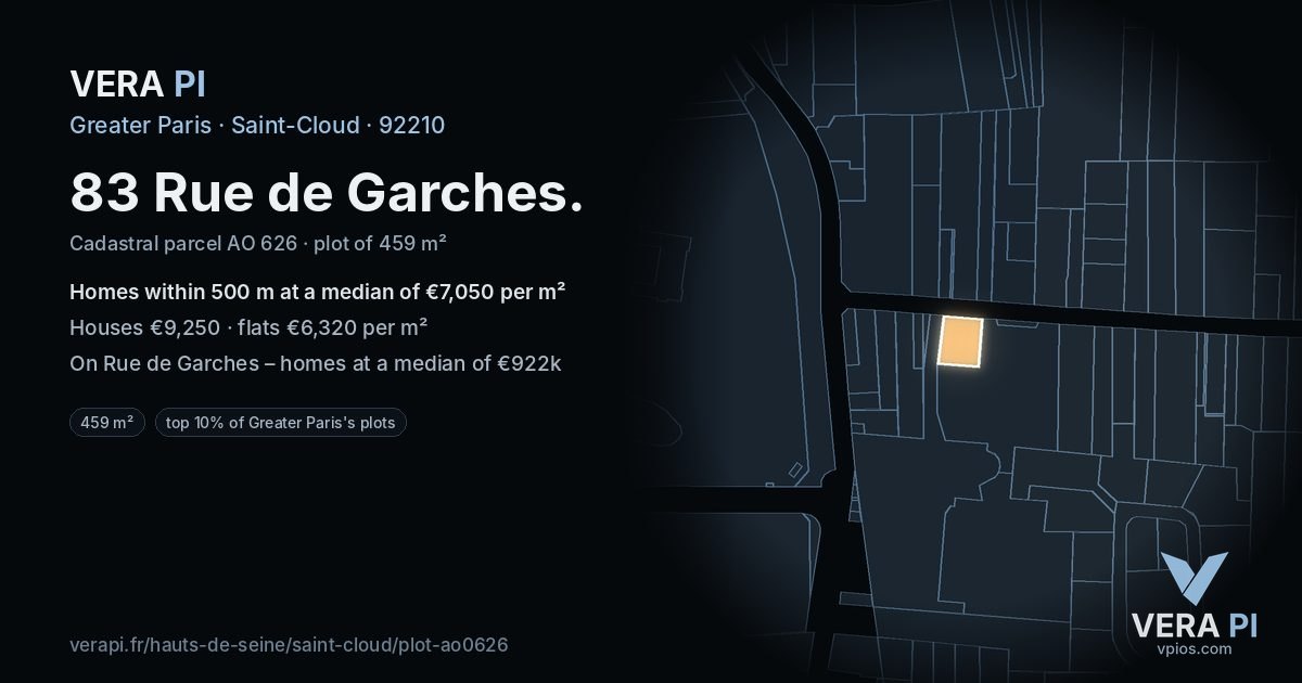 83 Rue de Garches, Saint-Cloud at night – the plot lit, the parcels around coloured by the prices near them