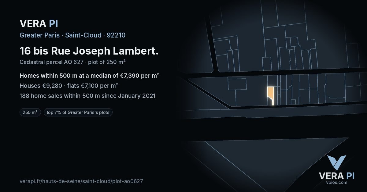 16 bis Rue Joseph Lambert, Saint-Cloud at night – the plot lit, the parcels around coloured by the prices near them