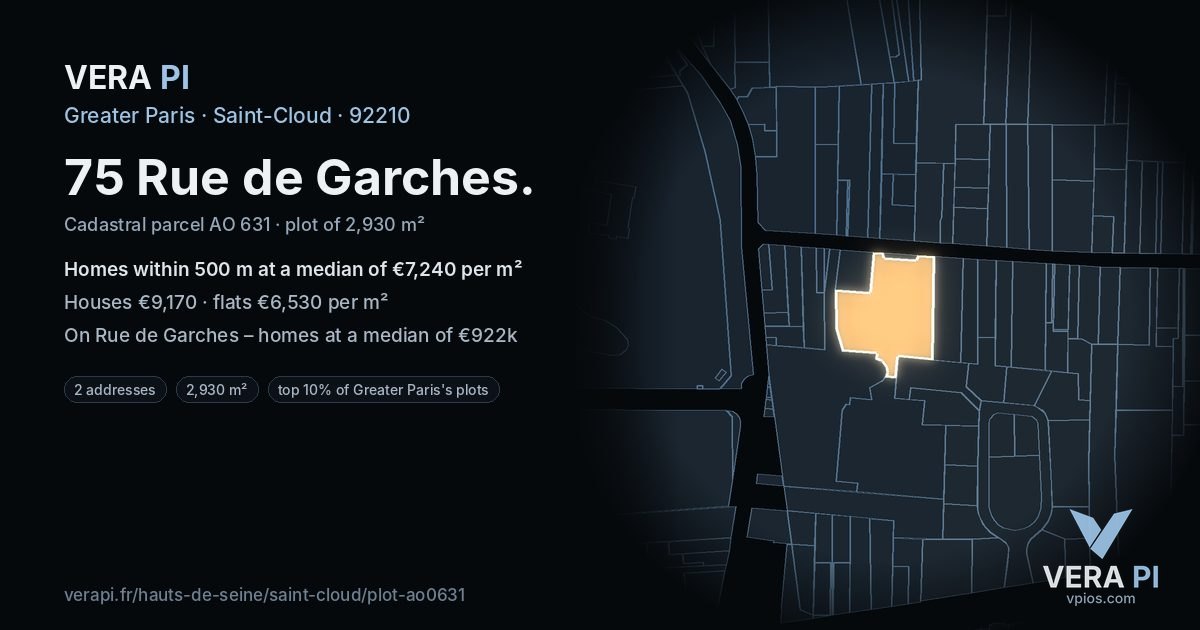 75 Rue de Garches, Saint-Cloud at night – the plot lit, the parcels around coloured by the prices near them