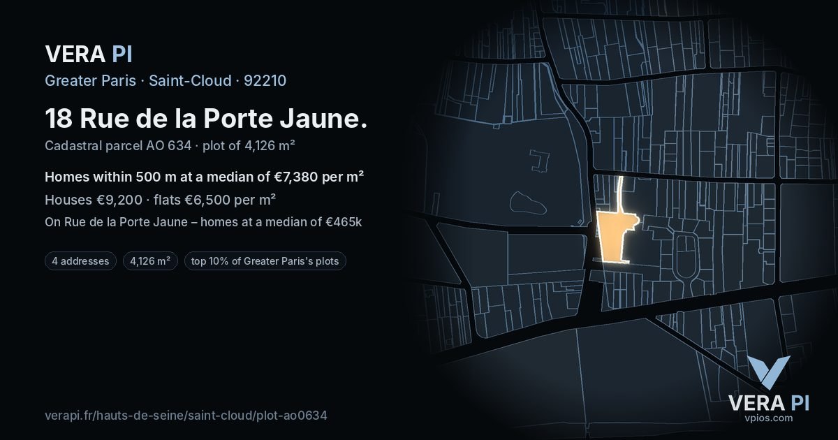 18 Rue de la Porte Jaune, Saint-Cloud at night – the plot lit, the parcels around coloured by the prices near them