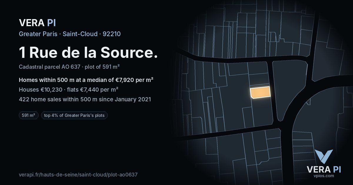 1 Rue de la Source, Saint-Cloud at night – the plot lit, the parcels around coloured by the prices near them