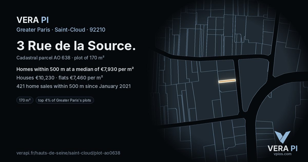 3 Rue de la Source, Saint-Cloud at night – the plot lit, the parcels around coloured by the prices near them