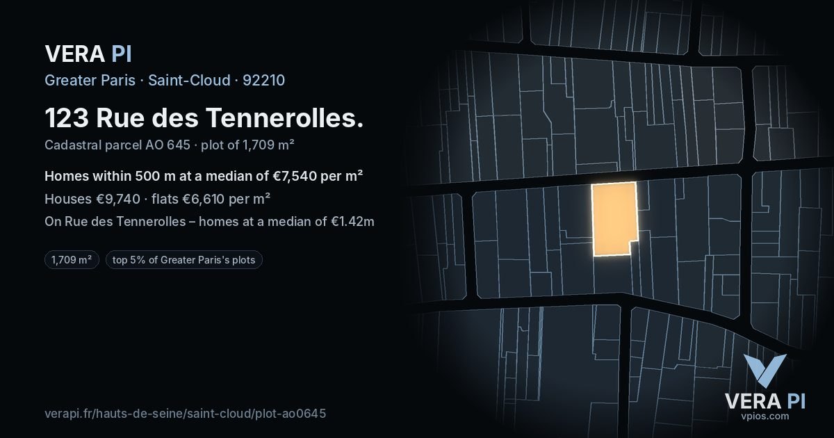 123 Rue des Tennerolles, Saint-Cloud at night – the plot lit, the parcels around coloured by the prices near them