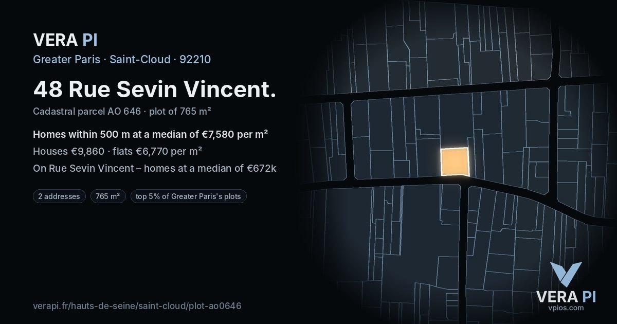 48 Rue Sevin Vincent, Saint-Cloud at night – the plot lit, the parcels around coloured by the prices near them