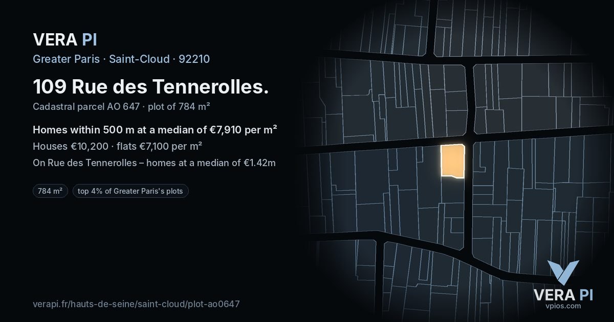109 Rue des Tennerolles, Saint-Cloud at night – the plot lit, the parcels around coloured by the prices near them