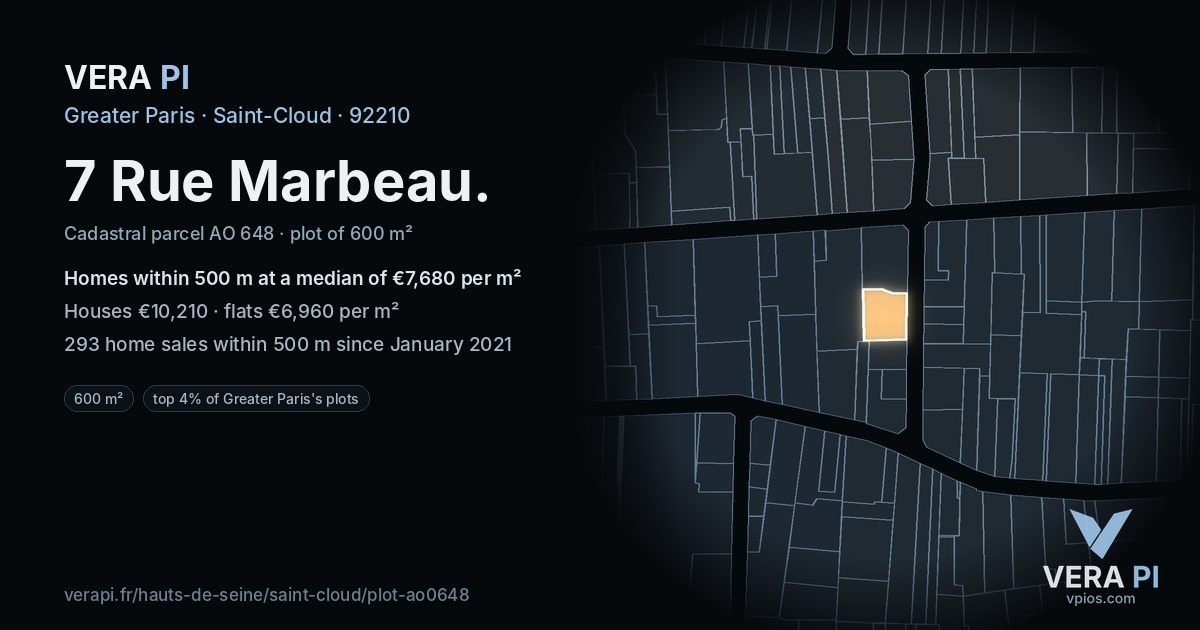 7 Rue Marbeau, Saint-Cloud at night – the plot lit, the parcels around coloured by the prices near them