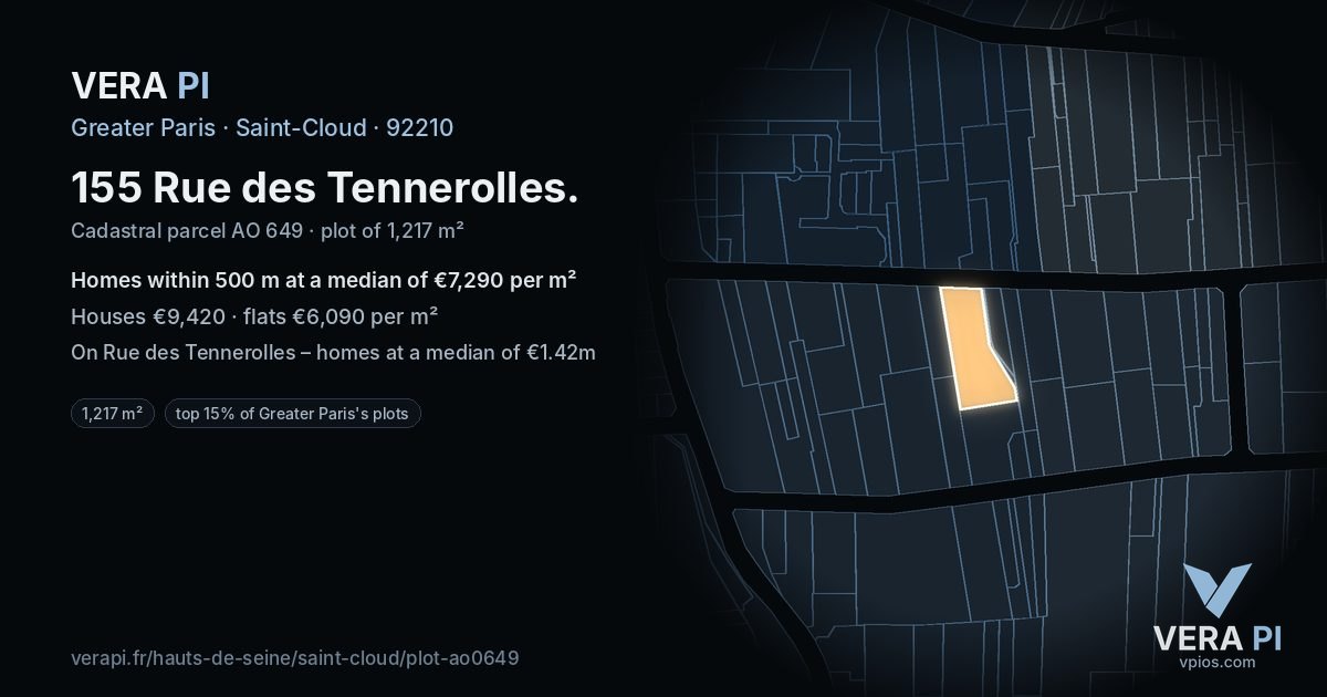 155 Rue des Tennerolles, Saint-Cloud at night – the plot lit, the parcels around coloured by the prices near them