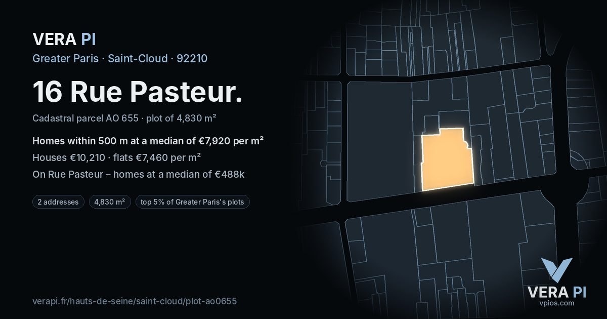 16 Rue Pasteur, Saint-Cloud at night – the plot lit, the parcels around coloured by the prices near them