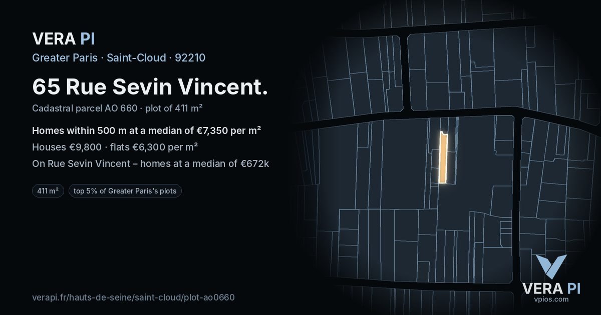 65 Rue Sevin Vincent, Saint-Cloud at night – the plot lit, the parcels around coloured by the prices near them