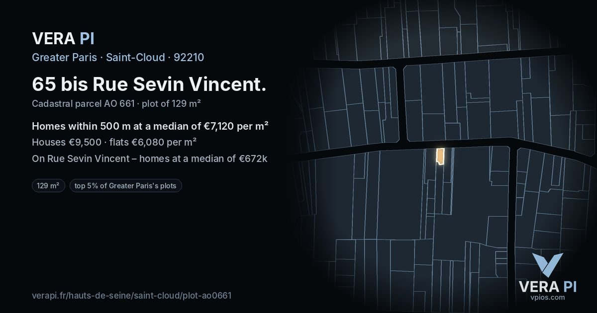65 bis Rue Sevin Vincent, Saint-Cloud at night – the plot lit, the parcels around coloured by the prices near them