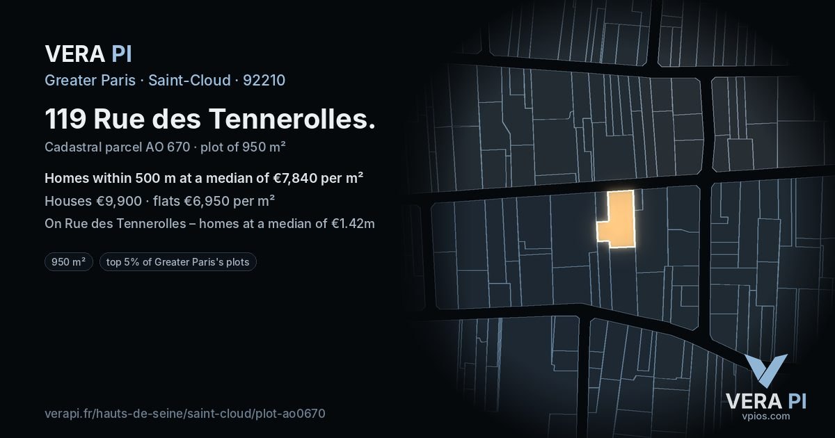 119 Rue des Tennerolles, Saint-Cloud at night – the plot lit, the parcels around coloured by the prices near them