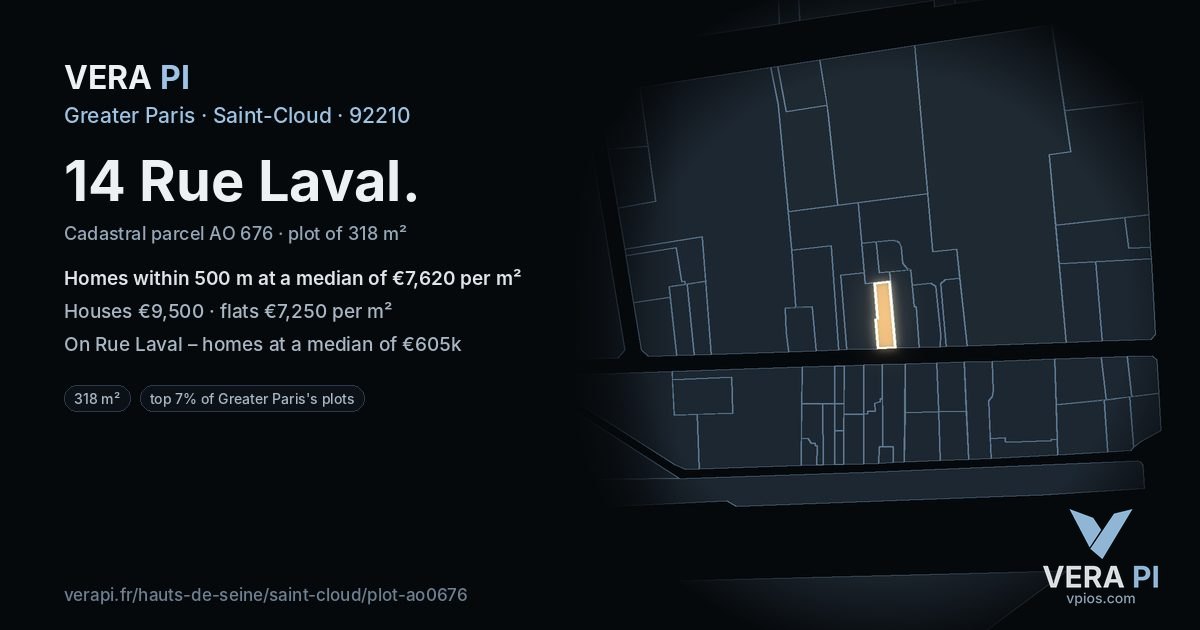 14 Rue Laval, Saint-Cloud at night – the plot lit, the parcels around coloured by the prices near them