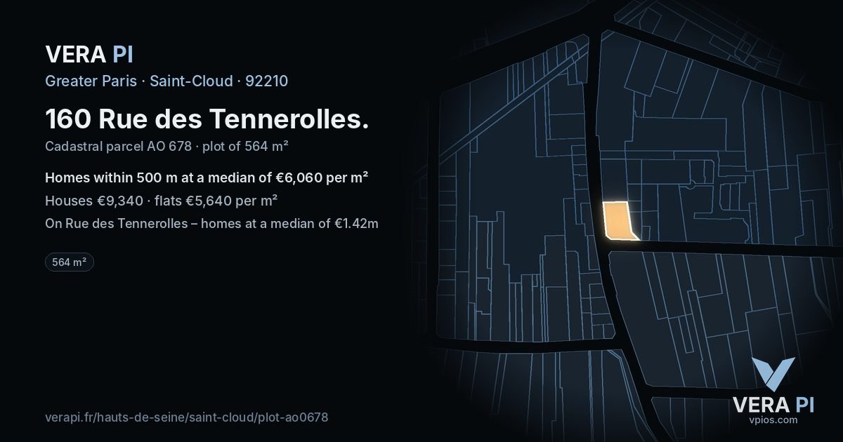 160 Rue des Tennerolles, Saint-Cloud at night – the plot lit, the parcels around coloured by the prices near them