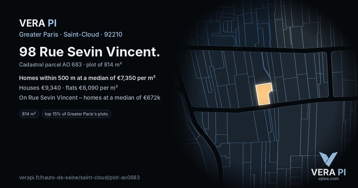 98 Rue Sevin Vincent, Saint-Cloud at night – the plot lit, the parcels around coloured by the prices near them