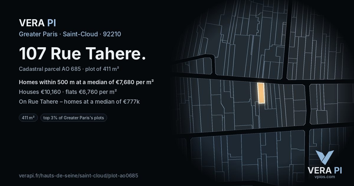 107 Rue Tahere, Saint-Cloud at night – the plot lit, the parcels around coloured by the prices near them