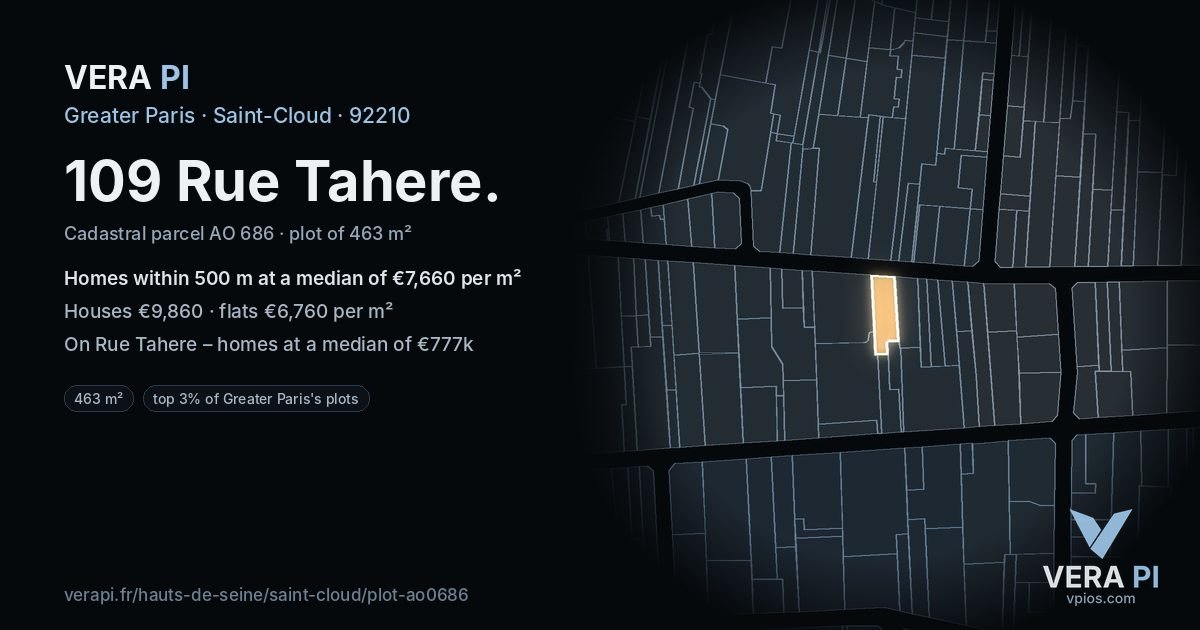 109 Rue Tahere, Saint-Cloud at night – the plot lit, the parcels around coloured by the prices near them