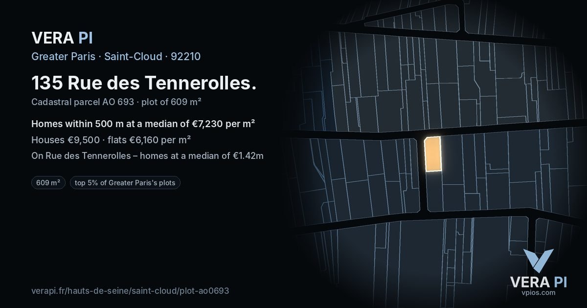 135 Rue des Tennerolles, Saint-Cloud at night – the plot lit, the parcels around coloured by the prices near them