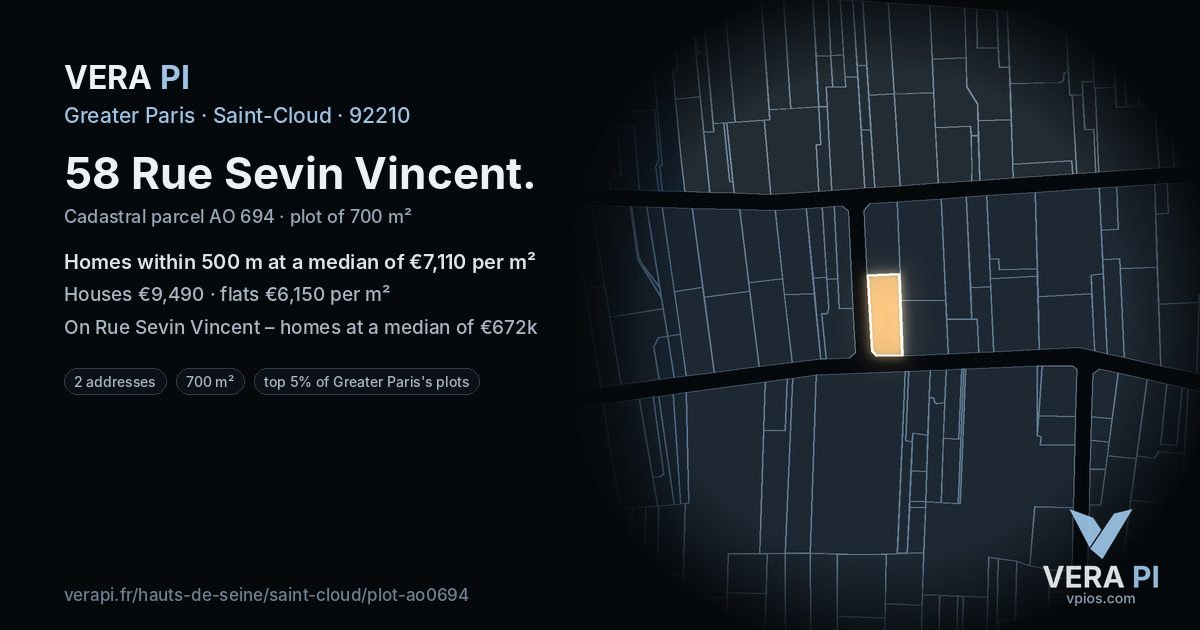 58 Rue Sevin Vincent, Saint-Cloud at night – the plot lit, the parcels around coloured by the prices near them